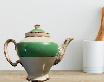 McCormick & Co. Banquet Teapot, Infuser, Lid, Green Stripe, Silver, 1950s