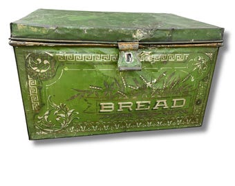 Antique Tin Bread Box, Mercantile, Storage, Vintage Green Metal, Organizer