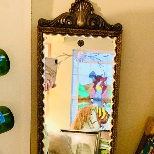 Espejo antiguo con vieira y vidrio biselado, marco de madera para pared, vidrio grabado, York, PA