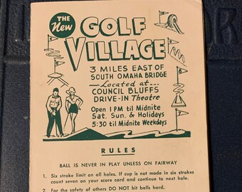 Golf Village, 1950s Score Card, Council Bluffs, Iowa, Drive-In Theater, Vintage Advertising, Omaha, Nebraska