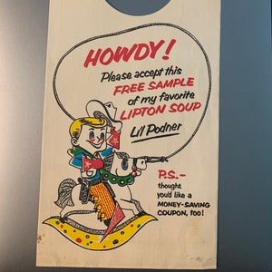 Rare Vintage Lipton Soup Sample Advertising Door Hanger, Li&#39;l Podner, Cowboy, Coupon