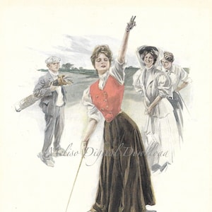 Voor! Lady golfers op de baan 1908-digitale download-vintage illustratie, afdrukbaar, ideaal voor dagboek, plakboek, ambachtelijk project