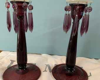 Amethyst Candlesticks, Candleholders with Bobeches of Amethyst Prisms Crystals and Laurel Leaf Design - Depression Glass