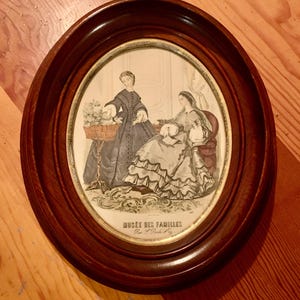 Vintage Musee Des Familles Fashion Print, Rue La Roch No 29 #2185, Deep Walnut Gilt Oval Frame