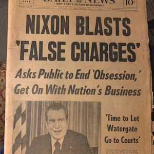 Vintage NIXON Blasts False Charges, New York Daily News August 1973 Newspaper NY