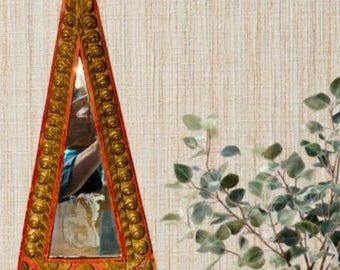Vintage Indonesian Triangular Wooden Mirror, Wall Decor
