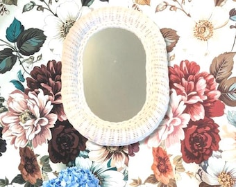Vintage White Oval Wicker Mirror