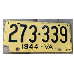 1944 Virginia License Plate, Car License Plate, Fiberboard, Yellow, 273-339