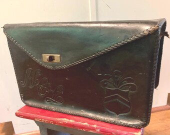 Vintage Quality Black Leather Embossed Case with Wooden Box Lined in Red Felt