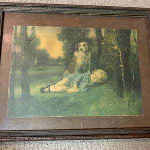 1920’s “Safely Guarded” Lithograph In Original Period Frame, Sleeping Child with Shepherd Dog