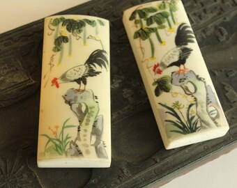Pair of Hand-painted Japanese Paperweights With Roosters