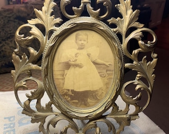 Antique Brass Oval Frame with Vintage Child's Photo, Ornate Vintage Frame, Tabletop