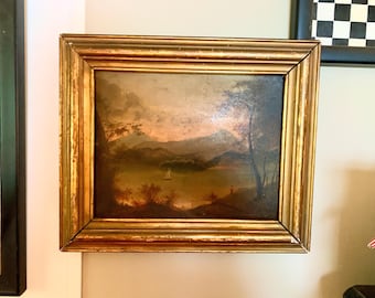 Vintage Landscape Painting, Sailboat, Man Fishing, Antique Frame