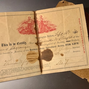 1870 Agricultural Society Life Members Ticket, Dutchess Co., Washington Hollow, New York
