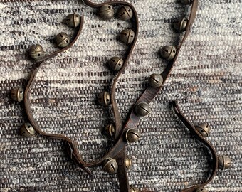Antique Sleigh Bells, 29 Brass Bells, 78" Leather Strap