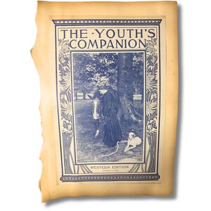 May include: A vintage paper page from The Youth's Companion Western Edition dated October 15, 1896. The page features a blue-toned illustration of a person standing with a horse and a dog under a tree, framed by a decorative floral border.