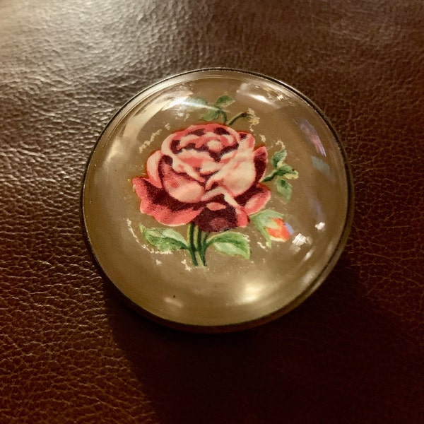 Antique Floral Bridle Rosette Glass Dome Deep Rose Background Brooch