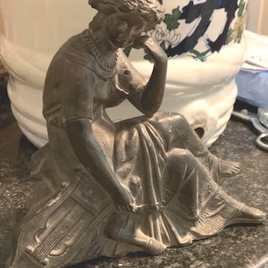 Ansonia Mantle Clock Topper, Woman with Harp / Lyre, Spelt Metal