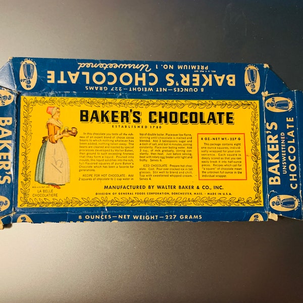 Baker's Chocolate Box, Original Package, 1930s, Advertising, Vintage Box, Baking