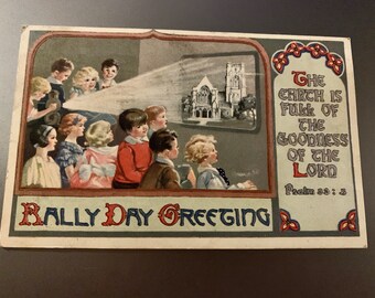 Vintage Rally Day Greeting Postcard, Sunday School, Children, 1940s
