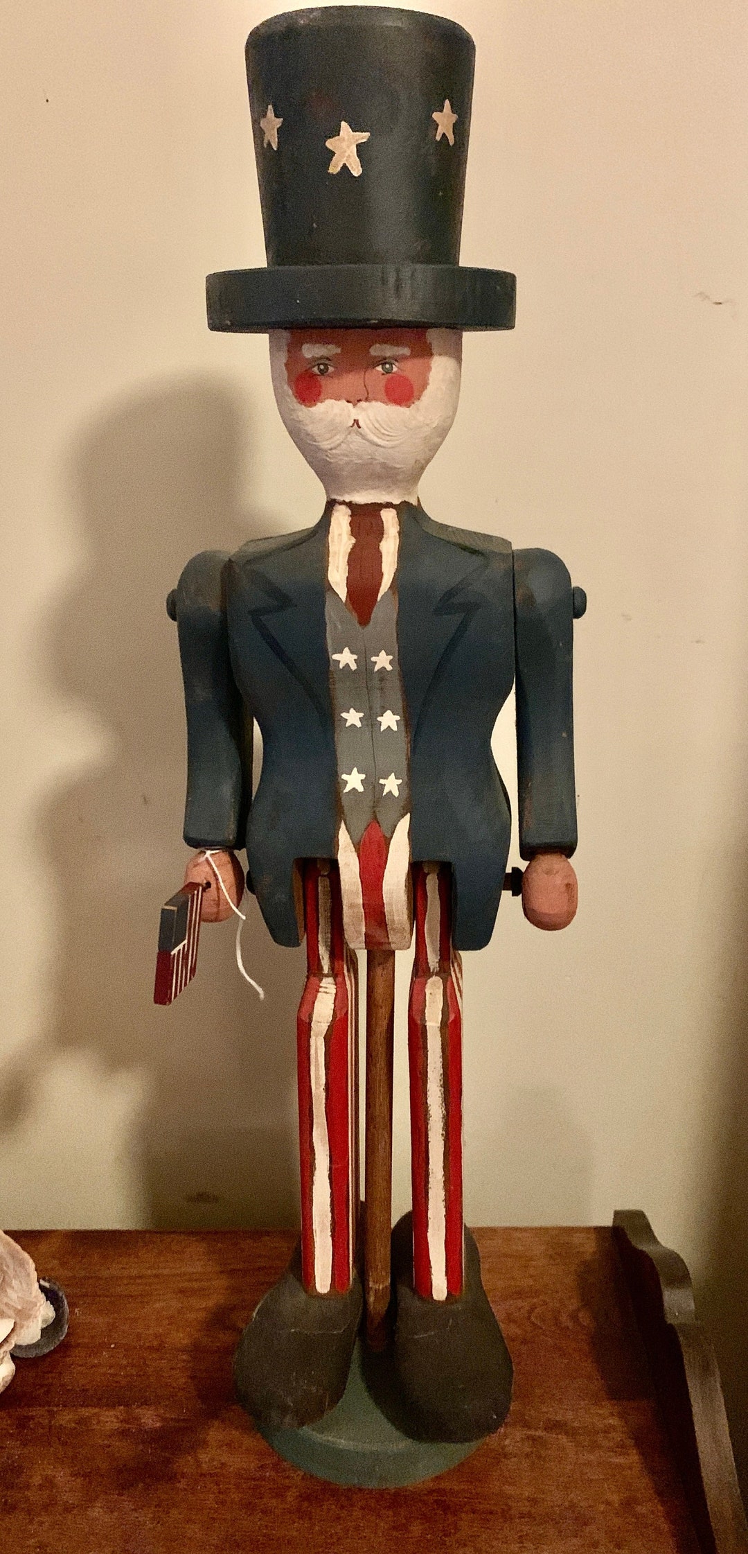 Folk Art Uncle Sam Yankee Doodle Wood Sculpture, Signed 1995 Toni