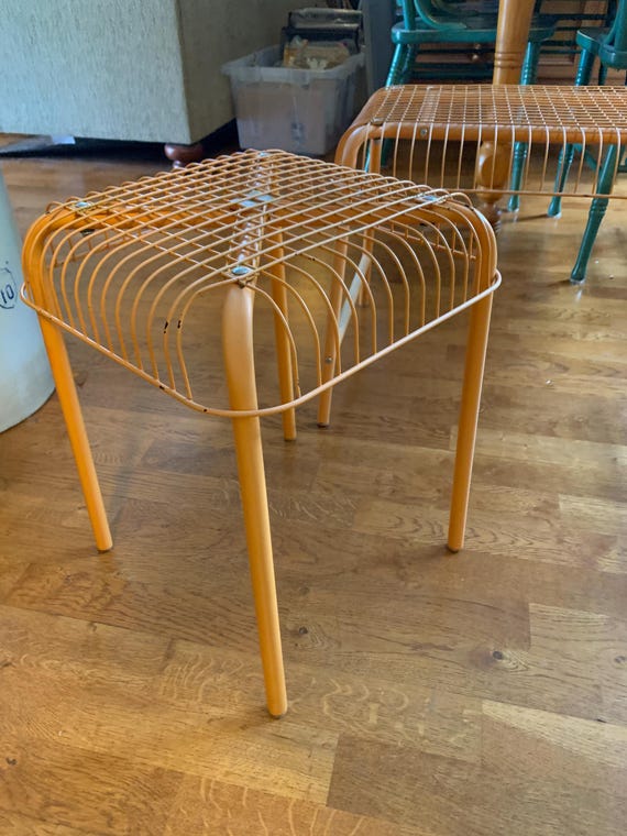 Vintage Vasteron Ikea Orange Bench and 2 Matching Wire Stools by