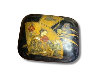 Antique Japanese Paper Mache Chinoiserie Small Hinged Lidded Box