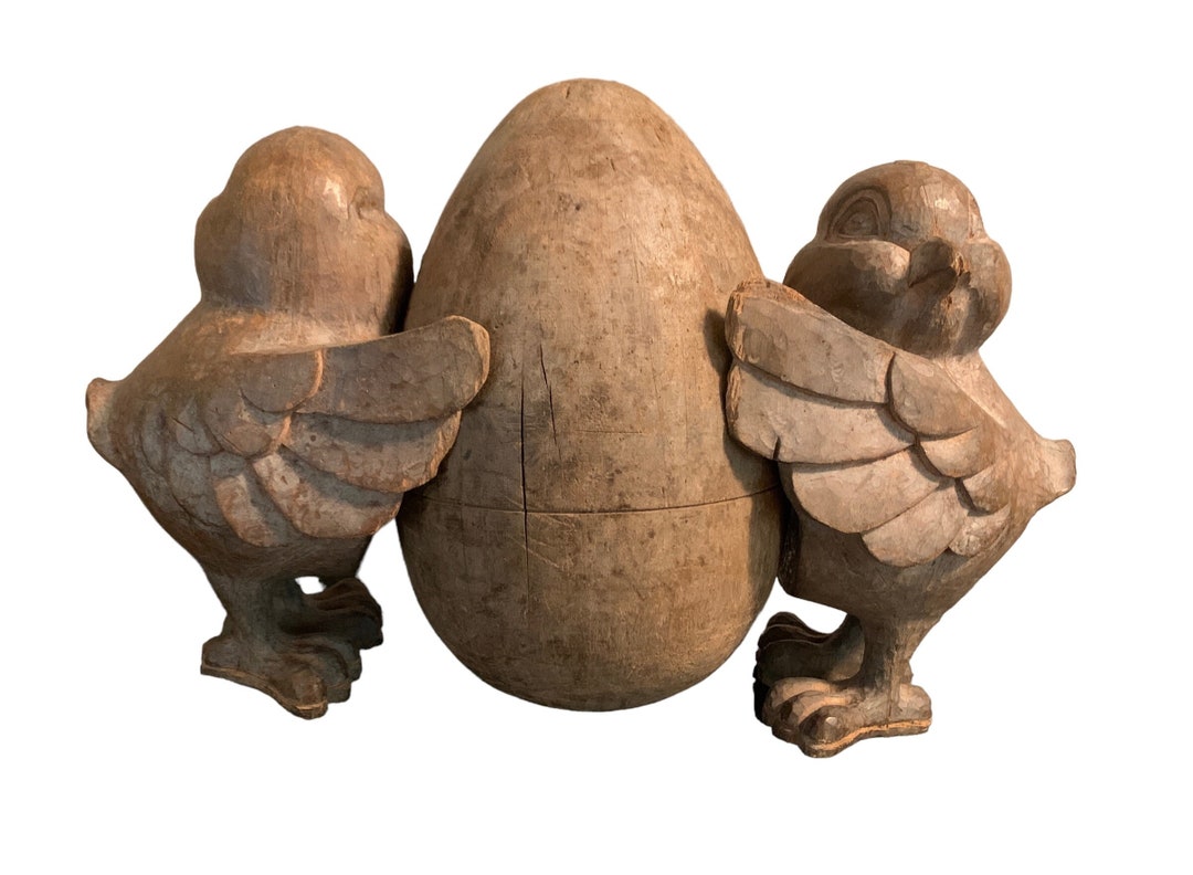 Large Carved Solid Wood Paper Mache Mold Egg and 2 Chicks Etsy