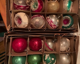 2 Boxes, 24 Vintage Glass Ornaments in All, Some Reflectors