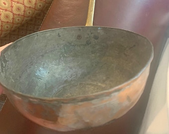 Vintage Large Tin Lined Copper Ladle With Brass Handle