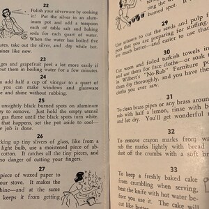 May include: A vintage book with illustrated tips for cleaning and homemaking. The book has numbered sections with titles like "Polish your silverware" and "To keep a freshly baked cake from crumbling".