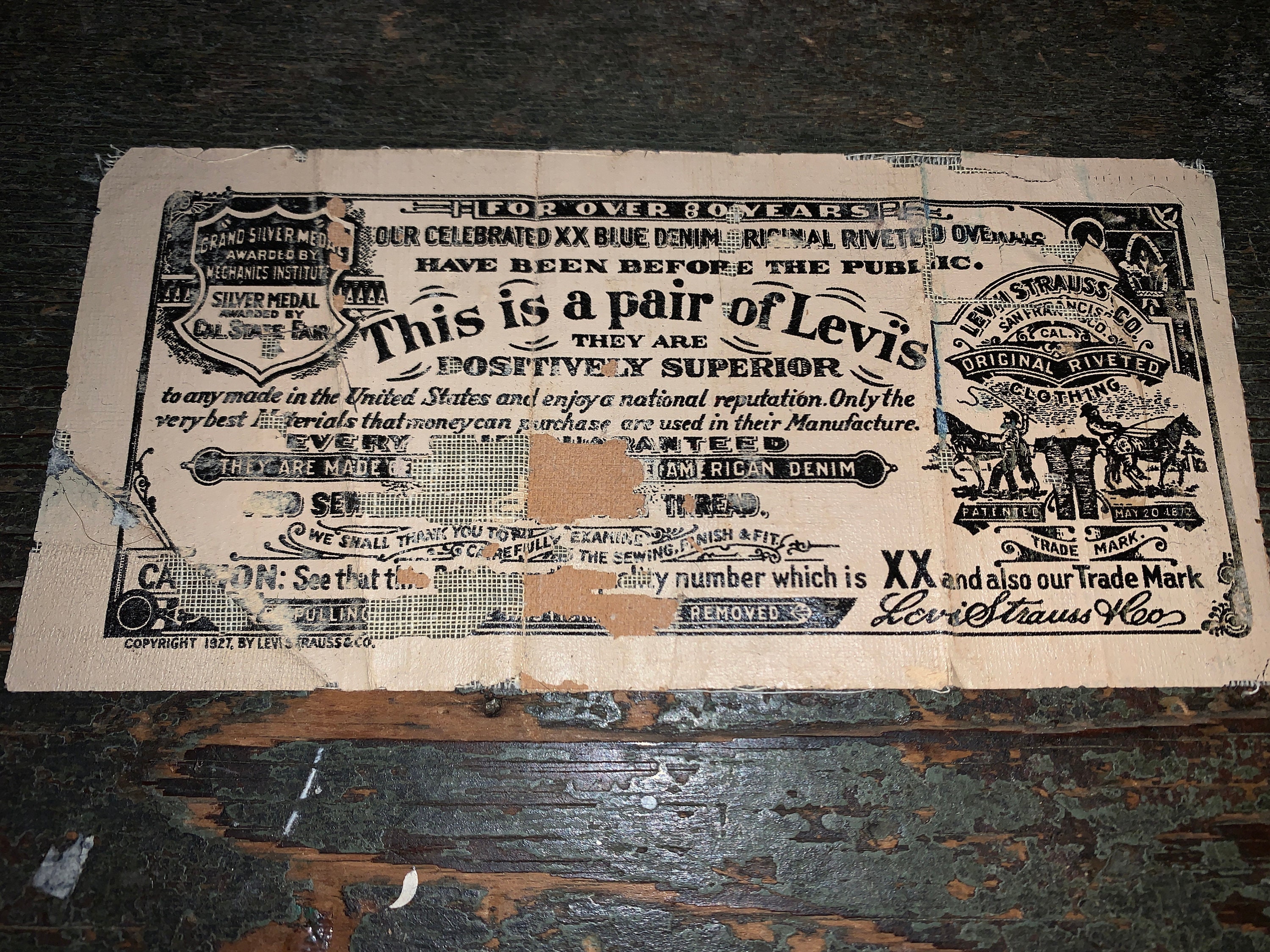 1927 Levi Strauss Jeans Guarantee Ticket Certificate Vintage 1927 Levi Strauss Jeans Guarantee Ticket Certificate Vintage