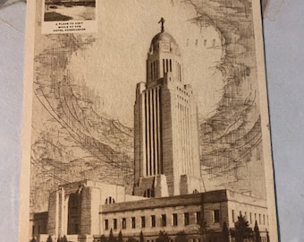 Nebraska State Capitol Building Postcard, Lincoln, Nebraska, 1940s, Hotel Cornhusker