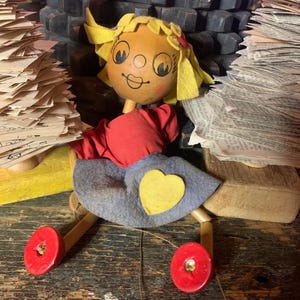 Pelham Woodenhead Girl Puppet, Made in England, 1960s, Marlborough Wilts, 3-String Puppet for Children