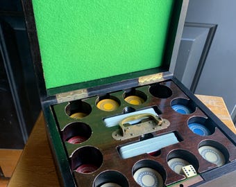 Antique Mahogany Poker Set, Carlo Clay Chips, Hermes Cards