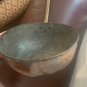 Vintage Large Tin Lined Copper Ladle With Brass Handle