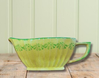 Vintage Gravy Boat, Yellow, Green Flowers, Crazing, Primitive, Cottage