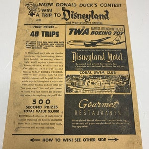 May include: A vintage advertisement for a Donald Duck contest to win a trip to Disneyland. The ad features a cartoon image of Donald Duck, a TWA Boeing 707 airplane, and the Disneyland Hotel. The contest offers 40 trips to Disneyland and 500 second prizes with a total value of $5,000.