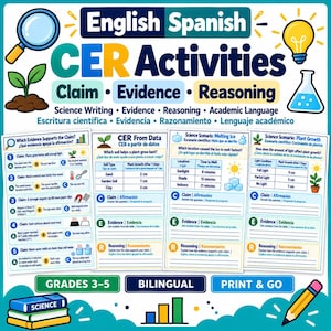 Puede incluir: Un recurso educativo bilingüe en inglés y español titulado CER Activities con secciones de Claim, Evidence y Reasoning. Incluye ejercicios de escritura científica, tablas de datos y escenarios para los grados 3-5, ilustrados con iconos como una lupa, una bombilla y un vaso de precipitados.