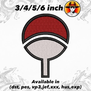 Può includere: Un disegno per ricamo raffigurante un emblema a ventaglio circolare con la metà superiore rossa e quella inferiore bianca, bordato di nero. Il testo 3/4/5/6 inch è visualizzato sopra, e Available in (dst, pes, vp3, jef, xxx, hus, exp) è sotto.