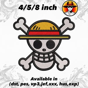 Könnte beinhalten: Ein Stickmuster mit einem Totenkopf, der einen gelben Strohhut mit rotem Band trägt, gekreuzten Knochen dahinter und dem Text 4/5/8 inch sowie Available in (dst, pes, vp3, jef, xxx, hus, exp). Enthält ein kreisförmiges Symbol einer Person mit Hut.