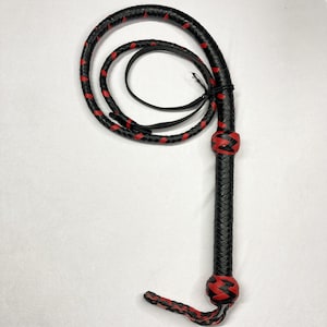 Kangaroo Hide Leather Bullwhip , 4ft to 12ft, 12/16 Plait Professional Indiana Jones Style Black/Red Two Tone Bullwhip