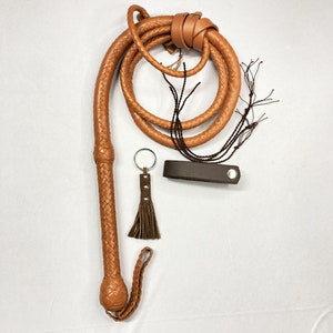 Kangaroo Hide Tan Color Leather Bullwhip, 4ft to 12ft, 12/16 Plait Professional Bullwhip Indiana Jones Styles