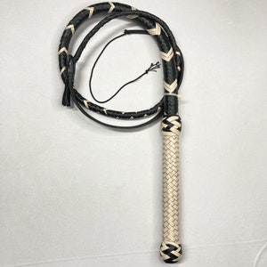 Kangaroo Hide Leather Bullwhip , 4ft to 12ft, 12/16 Plait Professional Australian Style Black/Cream Two Tone Bullwhip
