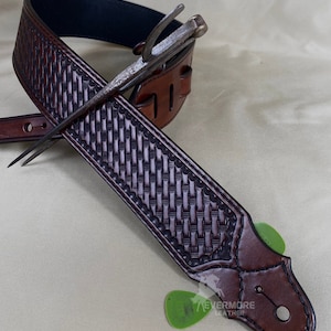 Handcrafted Leather Guitar Strap with Basket Weave Tooling - Leather Bass Guitar Strap With Dual Pick Holders