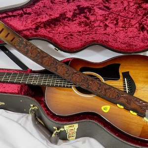 Handcrafted Leather Guitar Strap with Floral Tooling - Leather Bass Guitar Strap With Pick Holders
