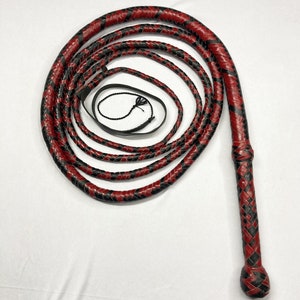 Black And Red Kangaroo Hide Leather Bullwhip, 4ft to 12ft, 12/16 Plait Professional Bullwhip