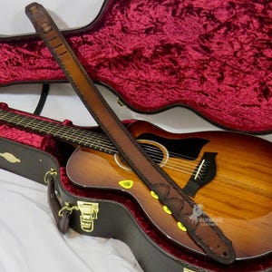 Handcrafted Tooled Border Stamp Leather Guitar Strap With Pick Holders