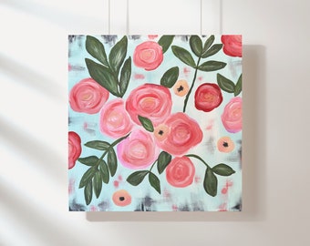 Original acrylic floral painting, 12x12 canvas, abstract peonies