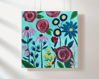 Original acrylic wildflower painting, 12x12 canvas, abstract floral